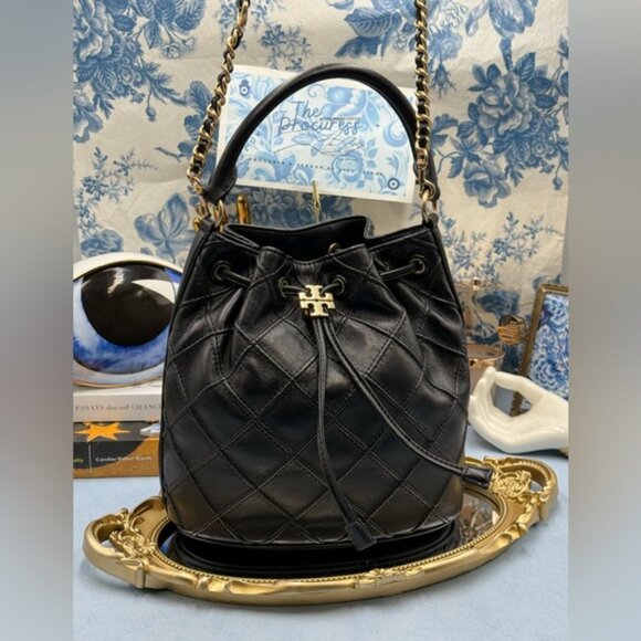 🆕 TORY BURCH 🧿 NWOT Fleming Soft Large Bucket Bag, Black Leather Diamond Quilt - Picture 3 of 16